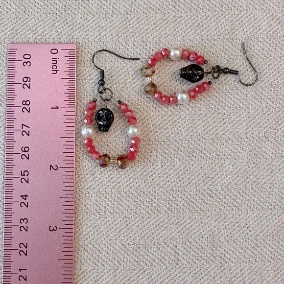 Handmade Skull & Roses Whimsical Necklace, Bracelet & Earrings Set Coral Peach - Picture 6 of 17